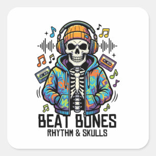 Pegatina Cuadrada Esqueleto Ritmo de Huesos y Calaveras Música Cool