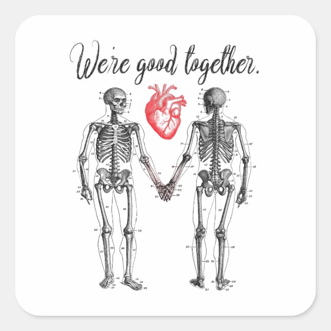 Pegatina Cuadrada Esqueletos sosteniendo manos Valentine (Anverso)