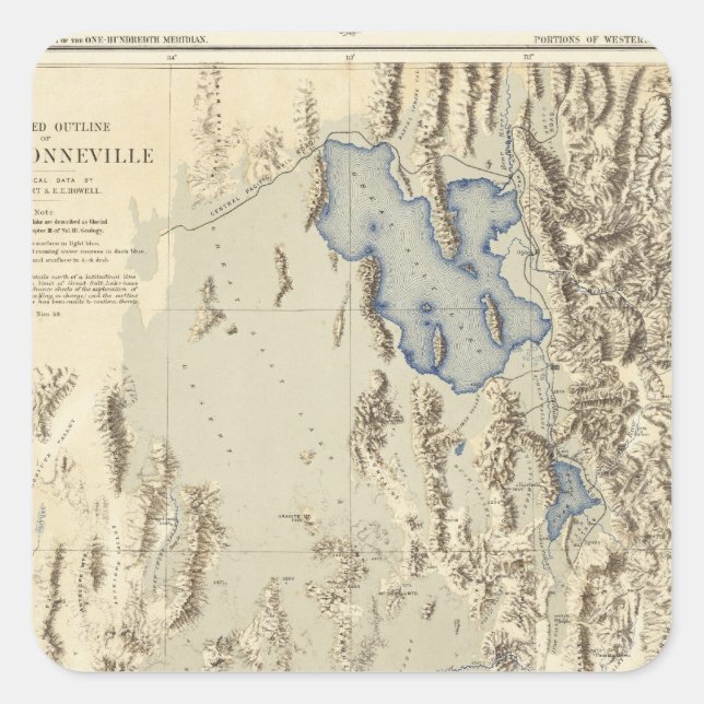 Pegatina Cuadrada Esquema restaurado del lago Bonneville (Anverso)