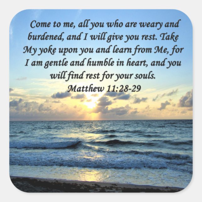 PEGATINA CUADRADA ESQUÍ AZUL MATTHEW 11:28 DISEÑO DE FOTOS SUNRISE (Anverso)