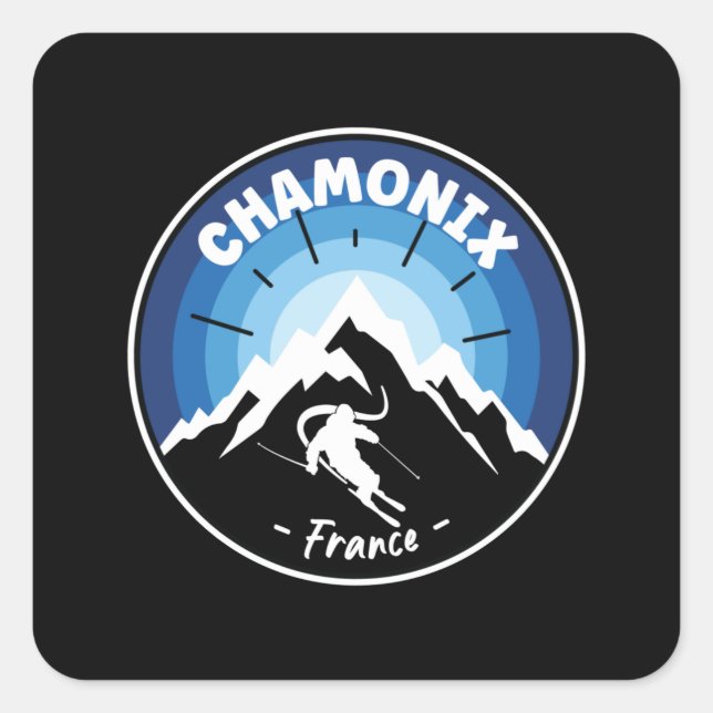 Pegatina Cuadrada Esquí En Chamonix Francia Azul (Anverso)