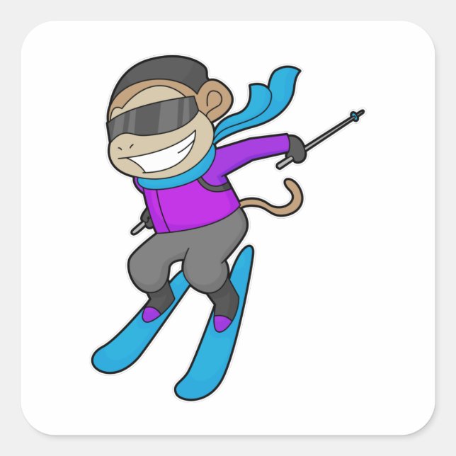 Pegatina Cuadrada Esquí Monkey Skier (Anverso)