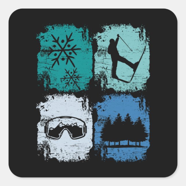 Pegatina Cuadrada Esquiadores Deportes de Invierno (Anverso)