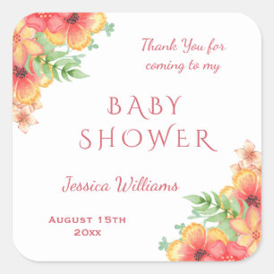 Pegatina Cuadrada Esquina de flores de acuarela Chic Baby Shower
