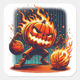 Pegatina Cuadrada Esquivo Jack-o'-Lantern Dunking Halloween Basketba