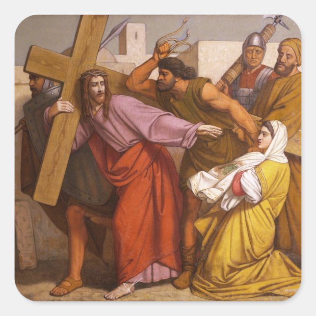 Pegatina Cuadrada Estaciones de la Cruz 5 Simón lleva la Cruz (Anverso)
