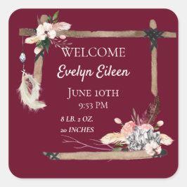 Pegatina Cuadrada Estadísticas de Boho Beautiful Baby Birth