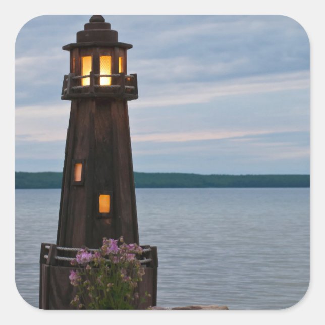 Pegatina Cuadrada Estados Unidos, Michigan. Faro de decoración de ya (Anverso)