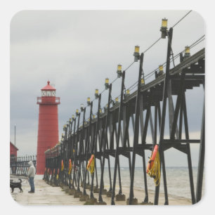 Pegatina Cuadrada Estados Unidos, Michigan, Lago Michigan Shore, Gra