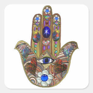 Pegatina Cuadrada Estampa artística de Hamsa Judaica Corazones Flore