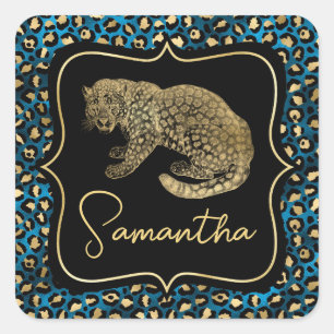 Pegatina Cuadrada Estampado de leopardo dorado y leopardo azul