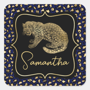 Pegatina Cuadrada Estampado de leopardo dorado y leopardo azul