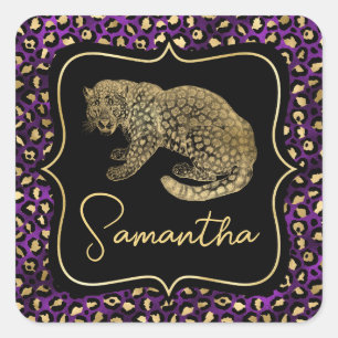 Pegatina Cuadrada Estampado de leopardo dorado y leopardo púrpura