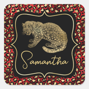 Pegatina Cuadrada Estampado de leopardo dorado y leopardo rojo