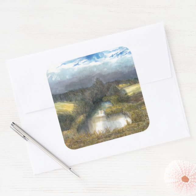 Pegatina Cuadrada estanque de otoño (Sobre)