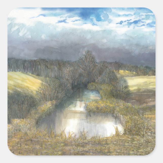 Pegatina Cuadrada estanque de otoño (Anverso)