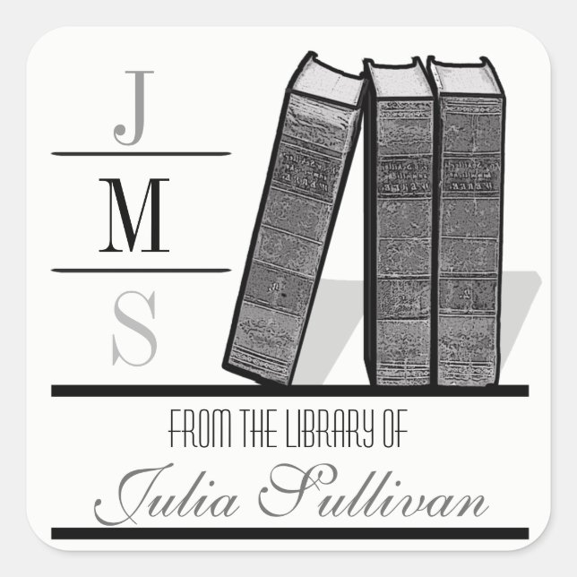 Pegatina Cuadrada Estante de libros de época negro y blanco (Anverso)