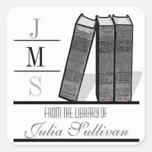 Pegatina Cuadrada Estante de libros de época negro y blanco