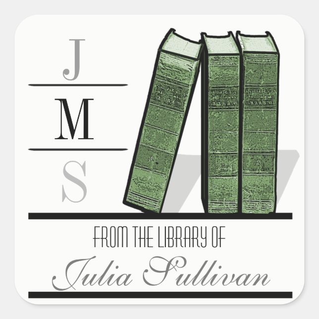 Pegatina Cuadrada Estante de libros de época verde (Anverso)