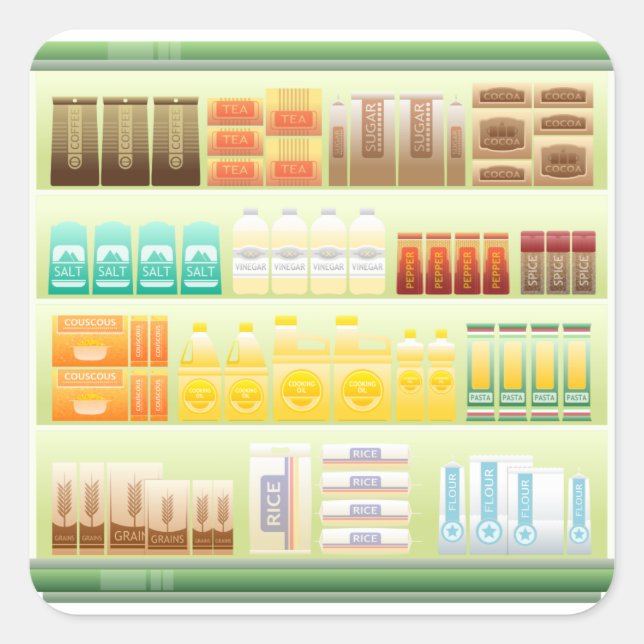 Pegatina Cuadrada estante de supermercado café granos de té (Anverso)