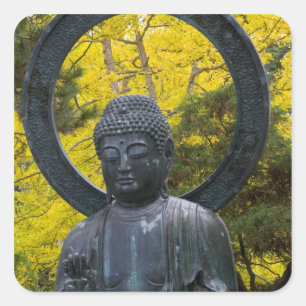 Pegatina Cuadrada Estatua de Buda en los Jardines Japoneses Dorado