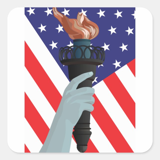 Pegatina Cuadrada Estatua de la Antorcha de la Libertad con bandera  (Anverso)