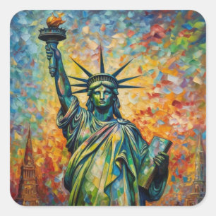 Pegatina Cuadrada Estatua de la Libertad colorida arte de Nueva York