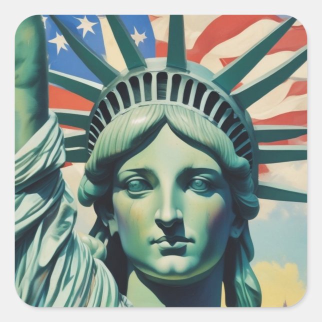 Pegatina Cuadrada Estatua de la Libertad y Bandera Estadounidense en (Anverso)