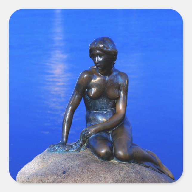 Pegatina Cuadrada Estatua de la sirena pequeña, Copenhague, Dinamarc (Anverso)