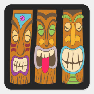Pegatina Cuadrada Estatuas Tiki Felices, Negras Divertidas