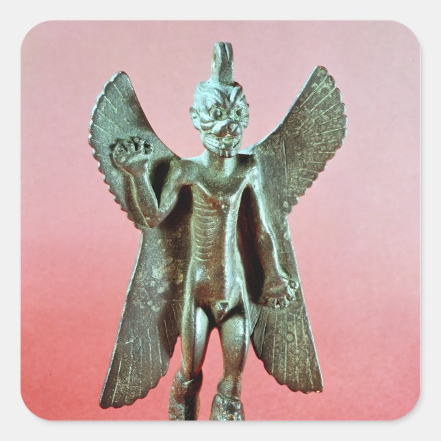 Pegatina Cuadrada Estatueta de Pazuzu, un demonio eólico asirio (Anverso)