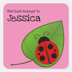 Pegatina Cuadrada Este libro pertenece a Bookplate Pink Name & Ladyb