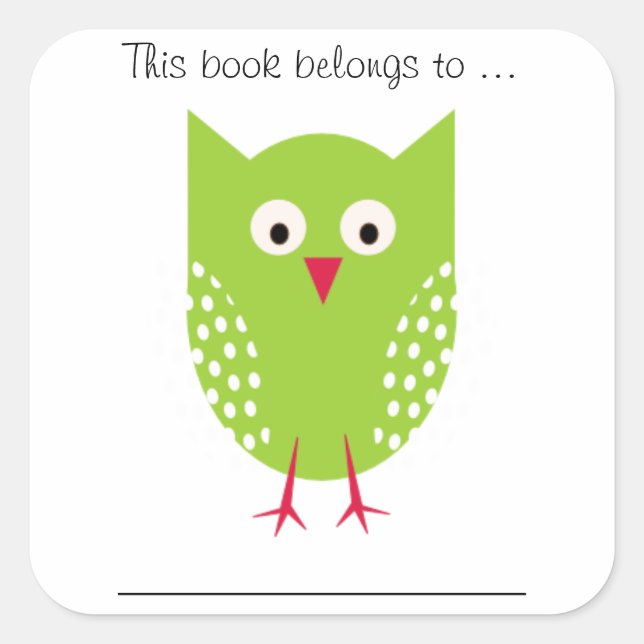 Pegatina Cuadrada Este libro pertenece a ... (búho verde, grande) (Anverso)
