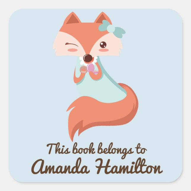 PEGATINA CUADRADA ESTE LIBRO PERTENECE A CUTE FOX CON BLUE BOW (Anverso)