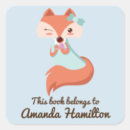 PEGATINA CUADRADA ESTE LIBRO PERTENECE A CUTE FOX CON BLUE BOW