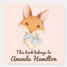 PEGATINA CUADRADA ESTE LIBRO PERTENECE A CUTE FOX CON BOW DOTADO AZU