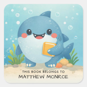 Pegatina Cuadrada Este Libro Pertenece A Cute Shark Kid's Bookplate