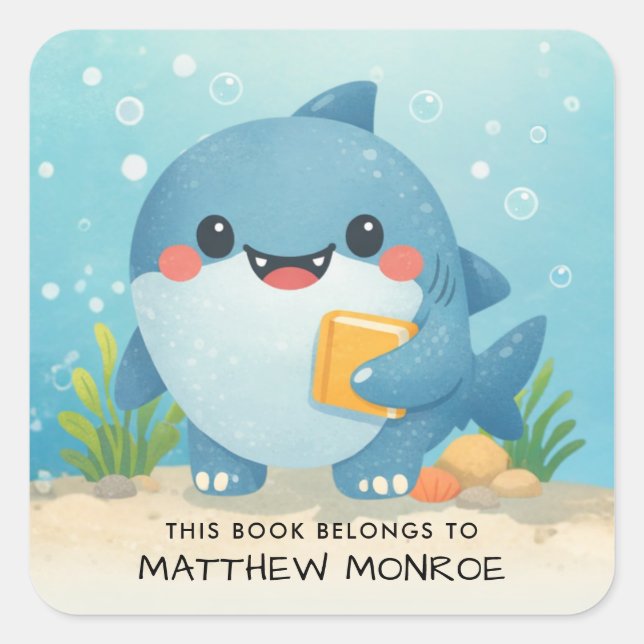 Pegatina Cuadrada Este Libro Pertenece A Cute Shark Kid's Bookplate (Anverso)