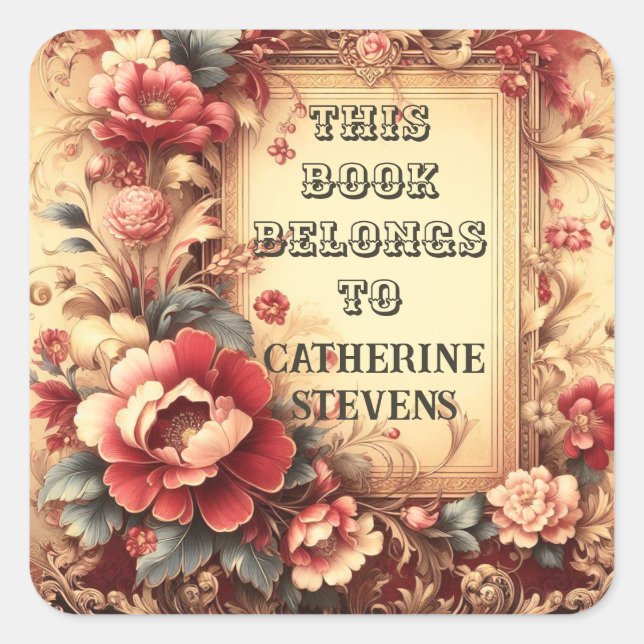 Pegatina Cuadrada Este Libro Pertenece a Floral Decorativo   (Anverso)
