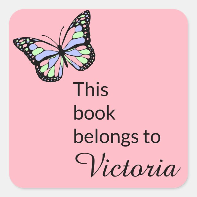 Pegatina Cuadrada Este libro pertenece a PInk con mariposa (Anverso)