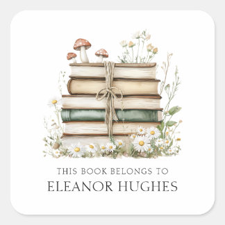 Pegatina Cuadrada Este Libro Pertenece A Watercolor Floral Exlibris