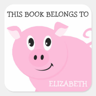 Pegatina Cuadrada Este Libro Pertenece Al Cerdo Rosa Personalizado