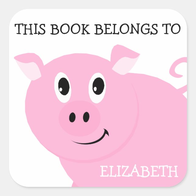 Pegatina Cuadrada Este Libro Pertenece Al Cerdo Rosa Personalizado (Anverso)