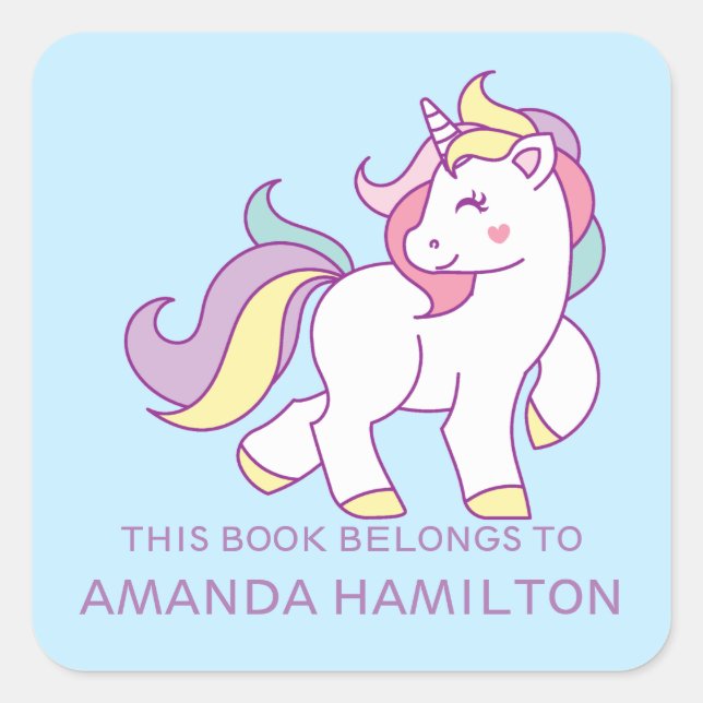 Pegatina Cuadrada ESTE LIBRO PERTENECE AL CUDO ROSA UNICORN azul pál (Anverso)