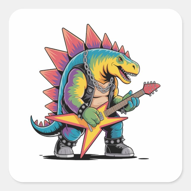 Pegatina Cuadrada Estegosaurio Dinosaurio de Rock Punk Tocando Guita (Anverso)