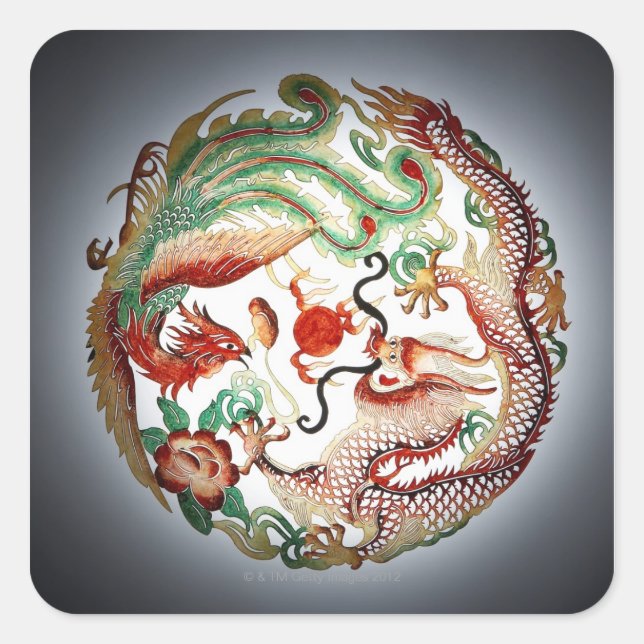 Pegatina Cuadrada Esténcil de dragón y fénix (Anverso)