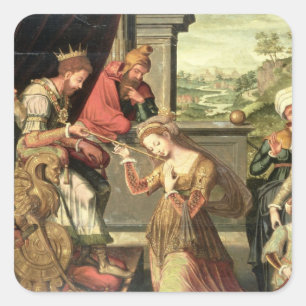 Pegatina Cuadrada Esther ante rey Ahasuerus con Haman que es enviado