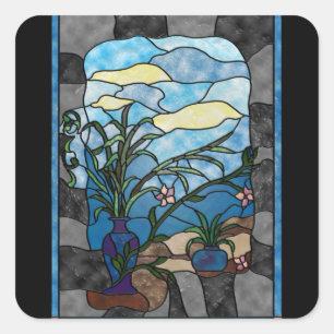 Pegatina Cuadrada Estilo del vitral del vintage de la planta del