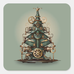Pegatina Cuadrada Estilo retro vintage del árbol de Navidad Steampun