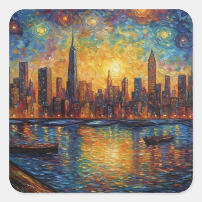 Pegatina Cuadrada Estilo Van Gogh del Skyline de la ciudad de Nueva  (Anverso)